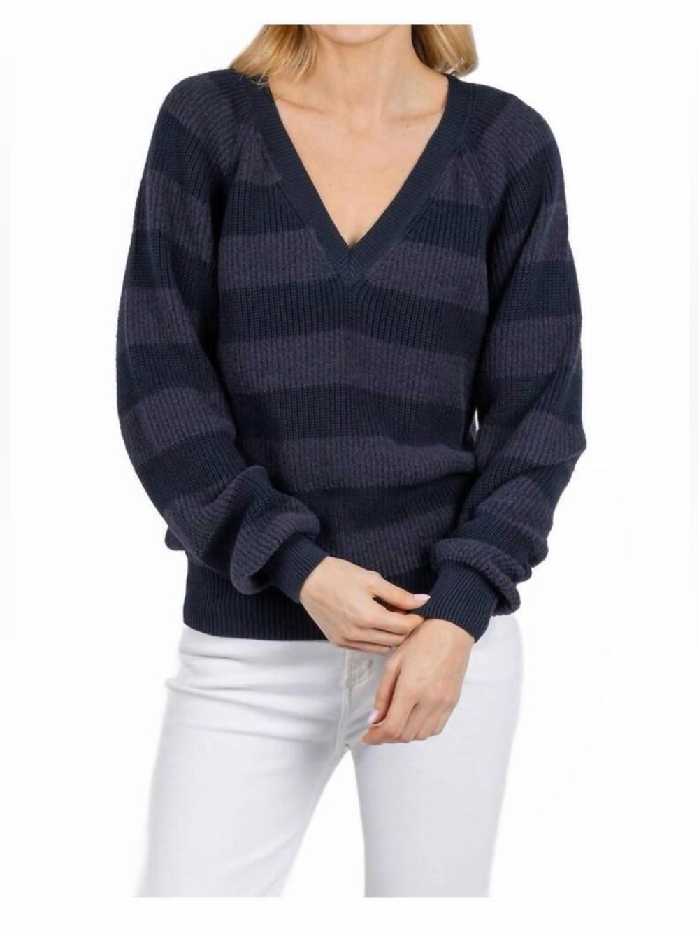 Anthro NATION Los Angeles Delaney Night sky  Ribbed Stripe V-Neck Sweater medium
